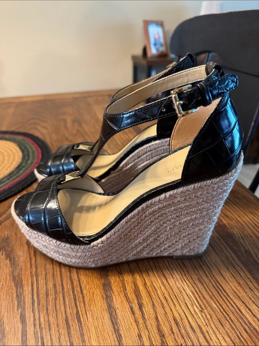 MICHAEL Michael Kors Black Croc-Embossed Espadrille Wedge Sandals